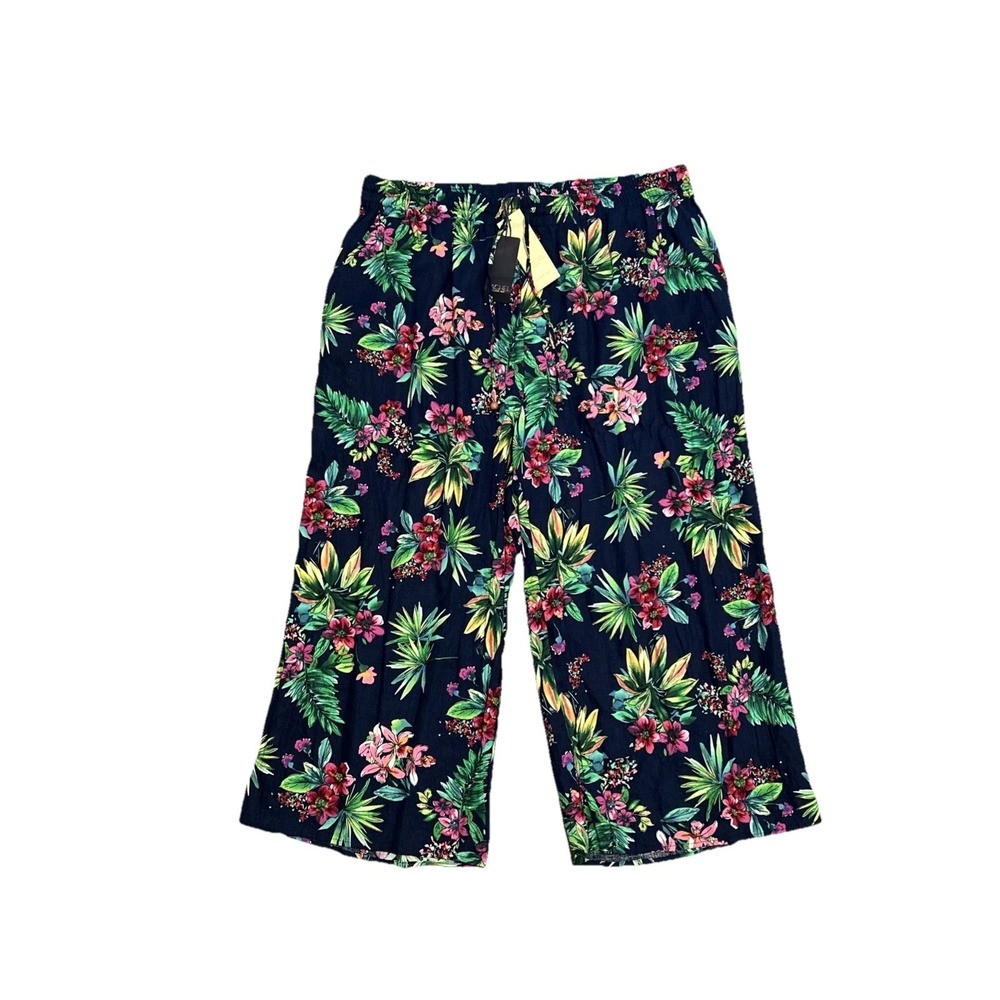 Rachel Roy Linen Blend Tropical Floral Wide Leg Cropped Pants Women Size 2X NWT